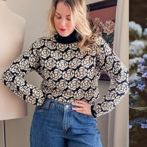 Vintage Floral Turtleneck Block Print Angora Blend 90s Black & White Sweater